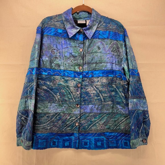Chicos Womens Silk Shirt Size XL Or 3 Art To Wear Eclectic Abstract Sea Button - Picture 1 of 14